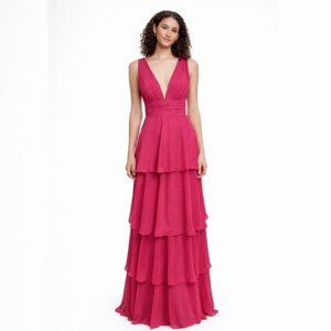 Fuchsia Pink Plunging V-Neck Tiered Chiffon Maxi Gown Sleeveless Formal Dress